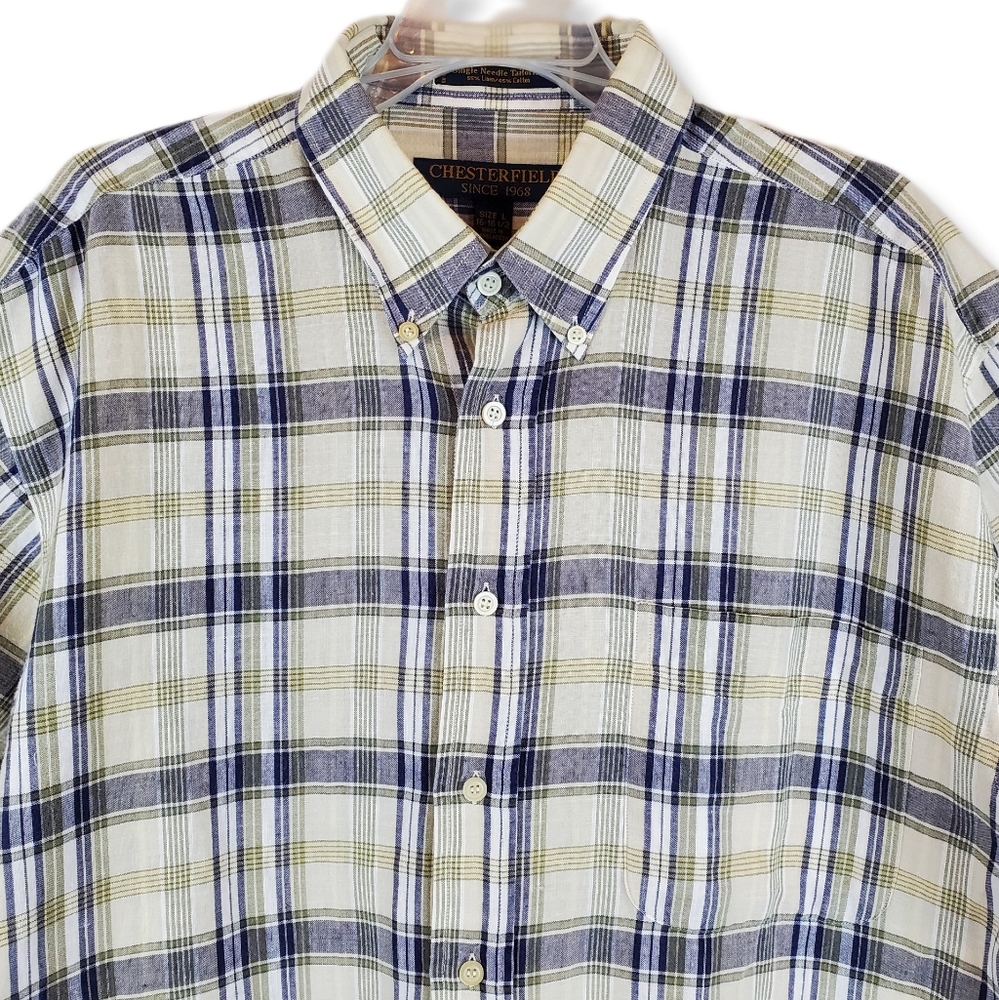 VTG Chesterfield Single Needle Blue Plaid Linen Short Sleeve Button Down Shirt L